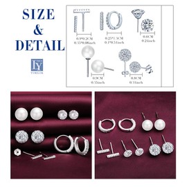 Yumilok 5 Pairs of 925 Silver Women's Stud Earrings Hoop Earrings Jewellery Set Shamballs Pearl Sticks Cubic Zirconia Solitaire Piercing for Girls, Sterling Silver Cubic Zirconia Pearl Rhinestone