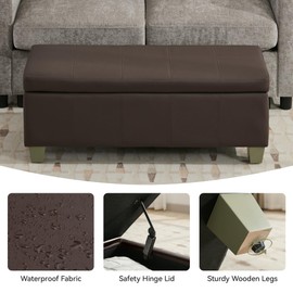 WUTUTUEE 41" Faux Leather Storage Ottoman, Rectangle Upholstered End of Bed Storage Bench, Stitch Tufted Bedroom Bench with Storage, Entryway Large Storage Couch Ottoman with Wooden Legs, Brown
