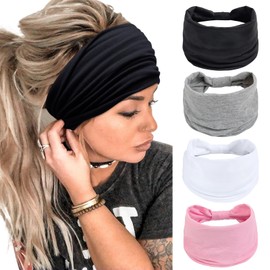 Huachi 4 Packs Wide Headbands for Women Pink Stylish Head Wraps Summer Boho Thick Hairbands Large African Sport Yoga Turban Headband Hair Accessories, Solid Color