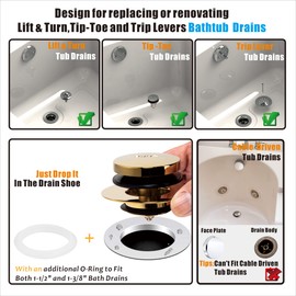 Artiwell Universal Tip Toe Bath Drain Stopper and Cover, Bathtub Drain Stopper, Replaces Lift and Turn, Tip-Toe and Trip Lever drains for Tub, EZ Installation and Clearing (Polished Brass)