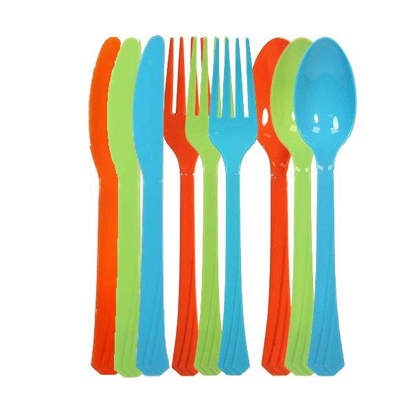 Tiger Chef 72-Pack Plastic Cutlery Set Heavy Duty Colored Plastic Silverware Set Includes 24 Forks, 24 Teaspoons, and 24 Knives in Lime Green, Island Blue and Orange