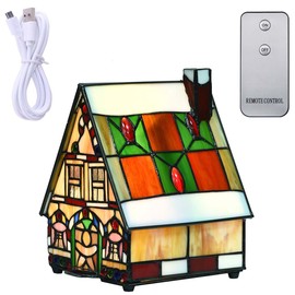 Bieye L10677 Gingerbread House Tiffany Style Stained Glass Accent Table Lamp with LED Light Inside, 7" L x 6" W x 9" H