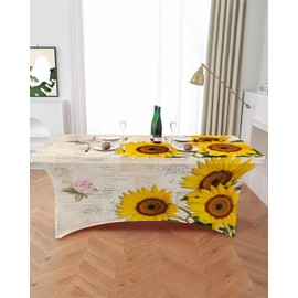 Sunflower Tablecloth, Vintage Farmhouse Sunflower Rose Plant Table Skirts for Rectangle Tables 6ft Elastic Wrinkle Table Cover for Banquets, Weddings, Parties Indoor Outdoor Decor 72Lx30Wx30H Inch