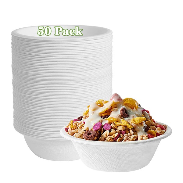 GNCLOUD Paper Bowls 50 Pack Extra Strength Bagasse Disposable Bowls, Eco-Friendly Biodegradable and Compostable, Perfect Non Plastic Alternative Serving Dishes