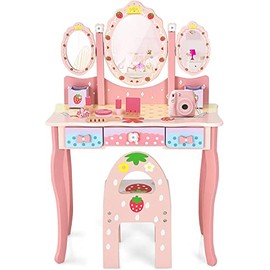 HONEY JOY Kids Vanity, Strawberry Princess Wooden Makeup Dressing Table & Chair Set w/Real Glass Tri-Fold Oval Mirror & Accessories, Detachable Top, Pretend Play Vanity Set for Little Girls(Pink)
