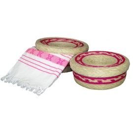 2 Pack Mexican Handmade Palm Baskets with lid (Pink Pattern) and 1 Woven Napkin Cloth (servilleta Mexicana) 100% Cotton Eco Friendly Tortilla Warmer (tortillero) for Party Fiesta Decoration
