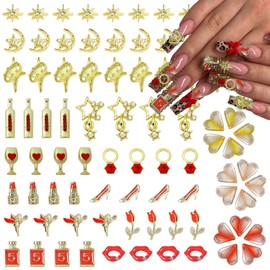 Pizadix 100 Pcs Gold Red Nail Charms Y2K with Lipsticks, Wine Bottles, Wine Cups, Lips, Tulips, Stars, High Heels, Perfume Bottle