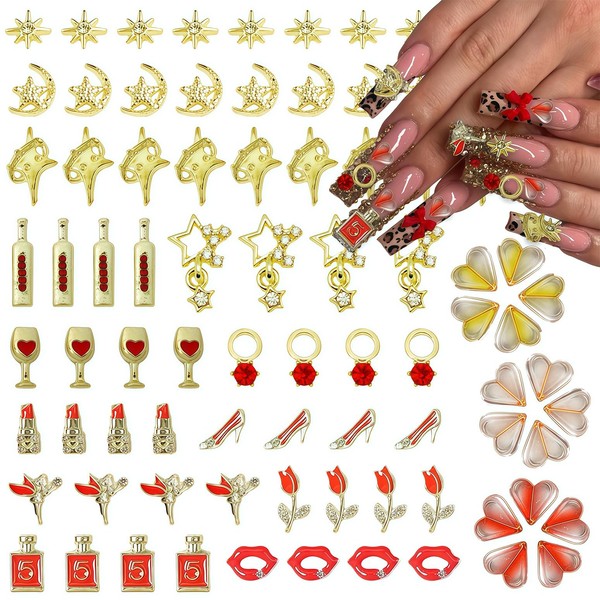 Pizadix 100 Pcs Gold Red Nail Charms Y2K with Lipsticks,