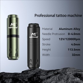 Tattoo gun Kit,Equipped with Cordless Tattoo Machine ，10PCS Tattoo Needles，1 bottle of transfer gel and 1 bottle of 30oz ink，Pro Tattoo Pen for Beginner (Black)