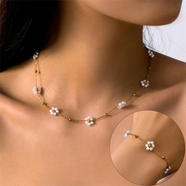 Gold Pearl Necklaces for Women Pearl Necklace Bracelet Set Dainty Daisy Pearl Necklace Bracelets Stack Necklace Bracelets Flower Choker Necklace Christmas Pearl Necklaces Bracelet Jewelry (A-Gold)