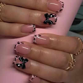 Leopard Press on Nails Short Square Fake Nails French Tip False Nails with Black Bow Nail Charms Cheetah Print Nails Press ons Reusable Acrylic Nails Full Cover Stick on Nails for Women Manicure 24Pcs