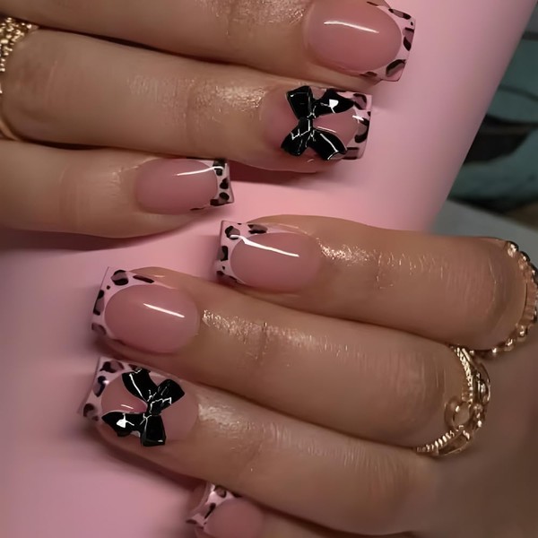 Leopard Press on Nails Short Square Fake Nails French Tip
