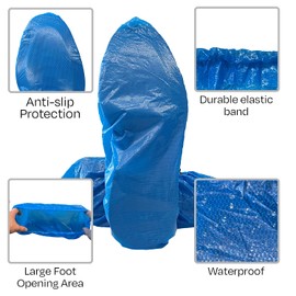 Buena Goods 100 Pack Extra Large Disposable Blue Boot and Shoe Covers - Indoor Reusable Waterproof Shoe Covers Disposable - Booties with Non Slip Treads - Fits US Men's Size 14 and Women's 16 Size