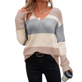 Zeagoo Womens Fall Tops Dressy Casual Long Sleeve Ribbed Knit Color Block Cute V Neck Sweaters Spring Outfits 2025