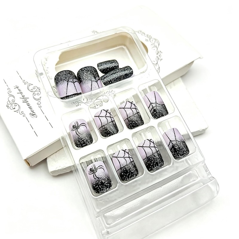 Halloween Press on Nails Short Square 3D Fake Nails Black