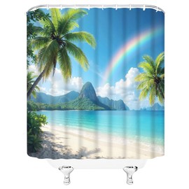 Fsfusvk Coastal Ocean Beach Shower Curtain Palm Tree Rainbow Tropical Summer Scenic Hawaii Seaside Mountain Nature Scenery Polyester Fabric Bathroom Curtain Sets Hooks 70 x 70 Inch