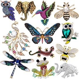 Junkin Junkin 12 Pcs Women Brooches Bulk Set Rhinestone Animal Pin Crystal Vintage with Hummingbird Owl Elephant Peacock Bee Butterfly Brooch Animal Shape Brooch Pin for Women Girls Mother's Day Gifts