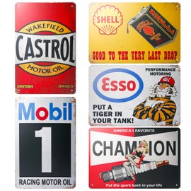 Behogan 5er Set Retro Garage Deko Blechschilder, 20x30 cm Garage Metallschilder,Vintage Motorrad Metallschild,Garage Blechschilder, Retro Blechschild,Auto Bar Schild Benzin