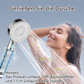 Nafall Shower Head with Filter - High Pressure Hand Shower with Hose, Shower Head with 5 Jet Types, Stop Function, Water-Saving Shower Head for Heavy Metal, Residual Chlorine, Bacteria, Chrome White