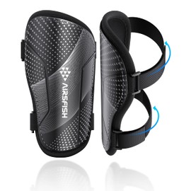 Shin Guards Soccer Kids Youth, CE Certified Airsfish Shin Guard Protection Gear for 2-18 Years Old Boys Girls Teenagers High Impact Resistant Breathable Comfortable (Black XX-Small)