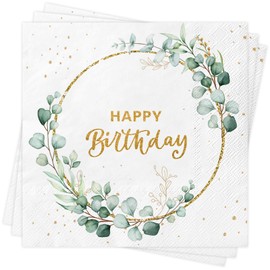 Sage Green Birthday Napkins, 40 PCS Eucalyptus Happy Birthday Napkins Serviettes for Kids Men Women Birthday Party Decorations Baby Shower Table Supplies