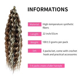 Dsoar Deep Twist Crochet Hair 22 Inch Highlight Deep Wave Curly Braiding Hair 3 Packs Water Wave Synthetic Hair Extensions for Women (4/30/613#)