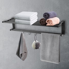 FASDRESS Foldable Towel Bar with Shelf, Wall Mounted Bathroom Towels Rack, Double Towel Holder with Rod & Movable Hooks, Waterproof Rustproof Aluminum Towel Hanger Bar for Hotel Bath Matte Black