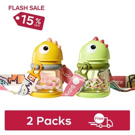 Bc Babycare Dinosaur No-Spill Sippy Cups, Anti-choking, 100% Leak-Proof, BPA-Free, PPSU, Ideal for 6+ Months, with straw and webbing, 10oz/300ml - Color: pink+green