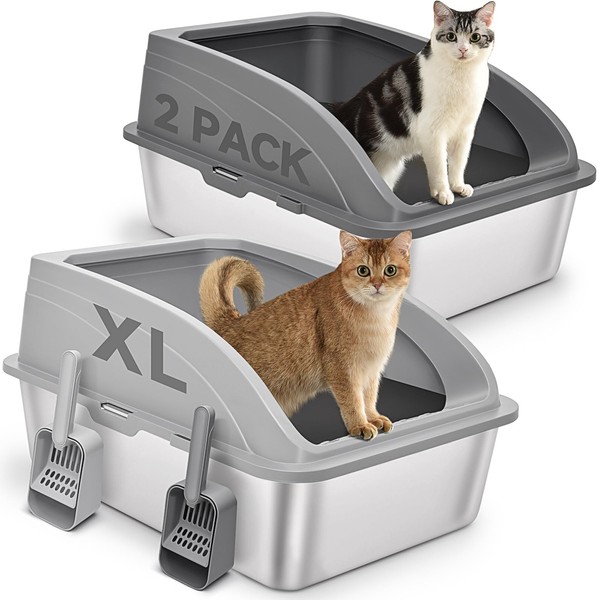 2 Pack Stainless Steel Cat Litter Box with Lid, XL