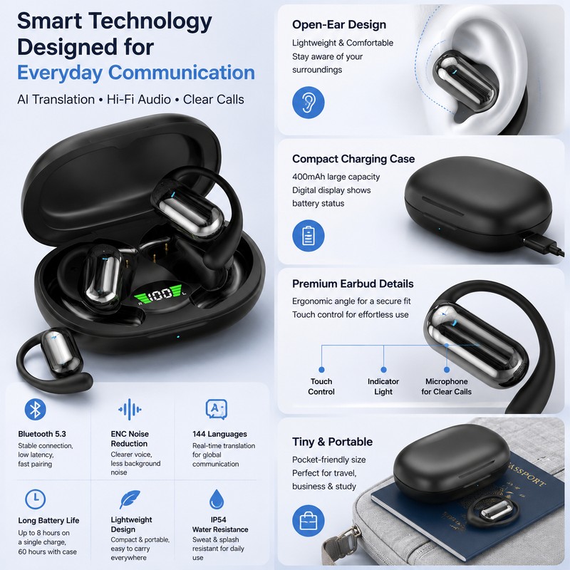 AI Translation Earbuds for Travel & Business – 144-Language Real-Time
