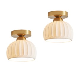 Fetason 2 Pack Ceramic Gold Semi Flush Mount Ceiling Light Vintage Hallway Light Fixtures, Modern Small Ceiling Mount Light Lamp for Hall Kitchen Entryway Passway Porch Foyer