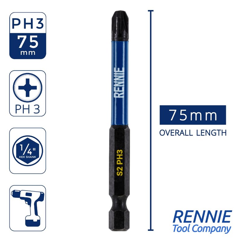 10 x Rennie Tools 75mm Long PH3 Impact Screwdriver Driver