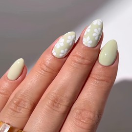 Almond Press on Nails Short Fake Nails with White Flower Design Glue on Nails Green Full Cover Glossy Artificial Stick on Nails for Women Girls 24Pcs