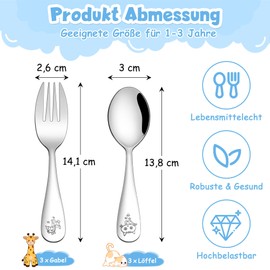 Onader Children's Cutlery Set, 6-Piece Stainless Steel Children's Cutlery Set with Engraving, Small Cutlery Set Children's Crockery with 3 x Children's Forks and 3 x Children's Spoons for Toddlers