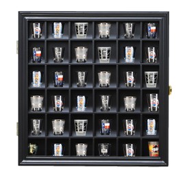 Shot Glass Display Case Wooden Cabinet Rack Holder Wall Mounted 56 Slots Black Shadow Box Lockable with UV Protection Acrylic Glass Door Shot Glass Storage Display with Removable Shelves, 23.3"x18.74"