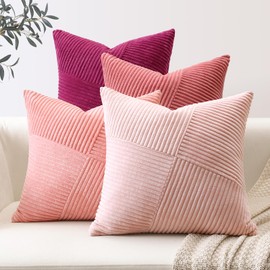 Sungeek Set of 4 Pink Decorative Cushion Covers 45cm x 45cm Summer Striped Corduroy Square Pillow Cover Boho Farmhouse Throw Pillow Cases for Sofa Bedroom Living Room with Invisible Zipper