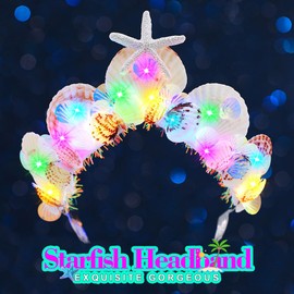 JEAIRTS Light Up Shell Crown Headband Glowing Starfish Headpiece Led Mermaid Costume Hair Accessories for Women