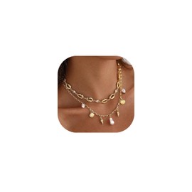 Shell Charm Necklace For Women Stack 14k Gold Plated Seashell Pearl Necklace Dainty Starfish Beach Layered Pendant Summer Boho Jewelry Gifts (Style B)