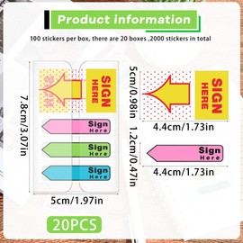 Teling 2000 Pcs/ 20 Packs Sign Here Sign Date Tabs Stickers Colored with Dispenser Arrow Flag Tabs with Dispenser Easy to Post for Notary Books Paper (Trendy Style)