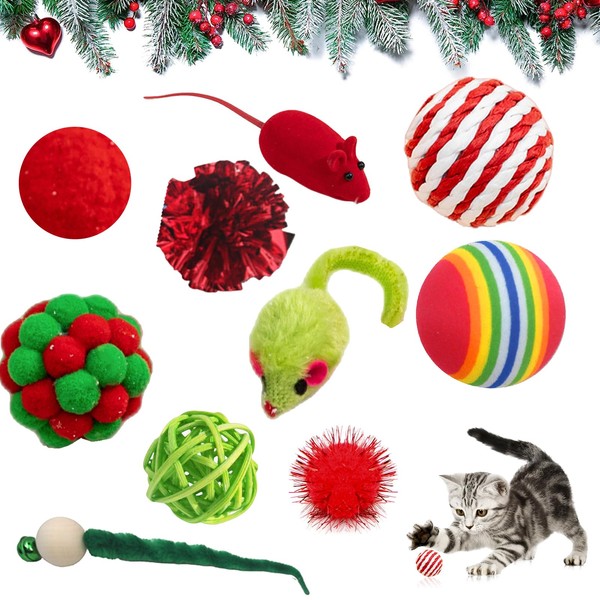 Valicaer Christmas Cat Toy Set,10Pcs Interactive Cats Toys Xmas Cat