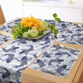 Ambesonne Fish Table Runner & Placemats, Japanese Carp Koi Wave Patterned Background Ancestral Animals Culture, Set for Dining Table Decor, Placemat 4 pcs + Runner 16"x72", Dark Blue White