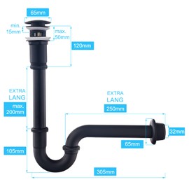 Set - Siphon with Drain Fitting with Overflow for Sink Black Matt - Keymark Universal Pipe Siphon and Drain Valve Bathroom - Brass Syphon Siphon Pop Up Drain Fitting Drain Washbasin