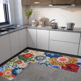 Xsinufn Boho Large Floral Kitchen Rugs Set 2 Piece Colorful Decorative Rug Runner Low-Profile Floor Mats Decorations for Home Kitchen(17"x48"+17"x30")