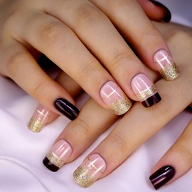 24 Pcs French Tip Press on Nails Medium Square False Nails Glitter Dark Red Full Cover Glue on Nails Bling Fake Nails Acrylic Coffin Nails Stick on Nails for Exquisite Women DIY, Rose Gold&Brown