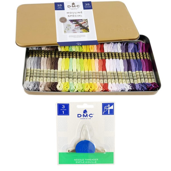 DMC Embroidery Floss Pack,35 Colors Assortment with Collector Tin,DMC Embroidery Thread Kit Bundle with DMC Needle Threader. Cotton Cross Stitch Supplies. Premium Quality String,Pastel Yarn Set.
