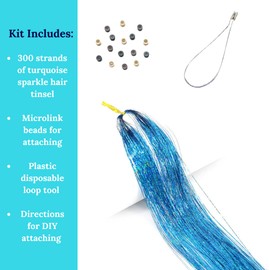 Turquoise Blue Hair Tinsel Kit Strands, Fairy Hair tinsel kit in Teal Hair Extensions with beads and loop tool (Turquoise Blue)