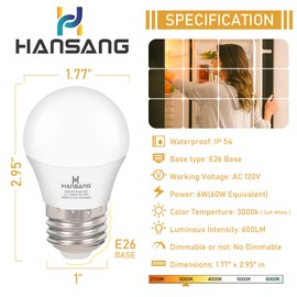 hansang LED Refrigerator Light Bulb E26 Base, 3000K Soft White, 6W Waterproof Appliance Bulb 60Watt Equivalent, A15 Small Fridge Light Bulb, Freezer Bulbs, 120V, 600LM, 4 Pack, Non-Dimmable