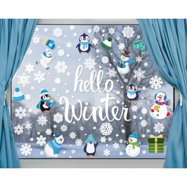 Large Size Hello Winter Window Clings for Christmas Snowflake Decoration Xmas Windows Decals Snowman Window Stickers for Showcase Home Decor Merry Christmas Party Supplies