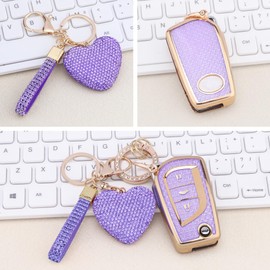 Vicoca for Toyota 3 Buttons key fob cover with Diamond Heart Keychain, Car Accessories TPU for Fortuner Tundra Camry RAV4 Highlander Corolla Smart Key, Gold Purple