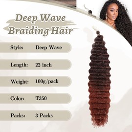 Alaleibaby Ocean Wave Crochet Hair 22 inch Deep Wave Crochet Hair 3packs Deep Wave Curly Braiding Hair Extensions Ocean Wave Braiding Hair for Black Women (T350#, 22 Inch(Pack of 3))